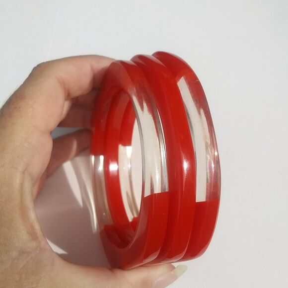 Vintage Acrylic Stacking Bangles, Red & Clear, Set of 3 - Picture 2 of 4